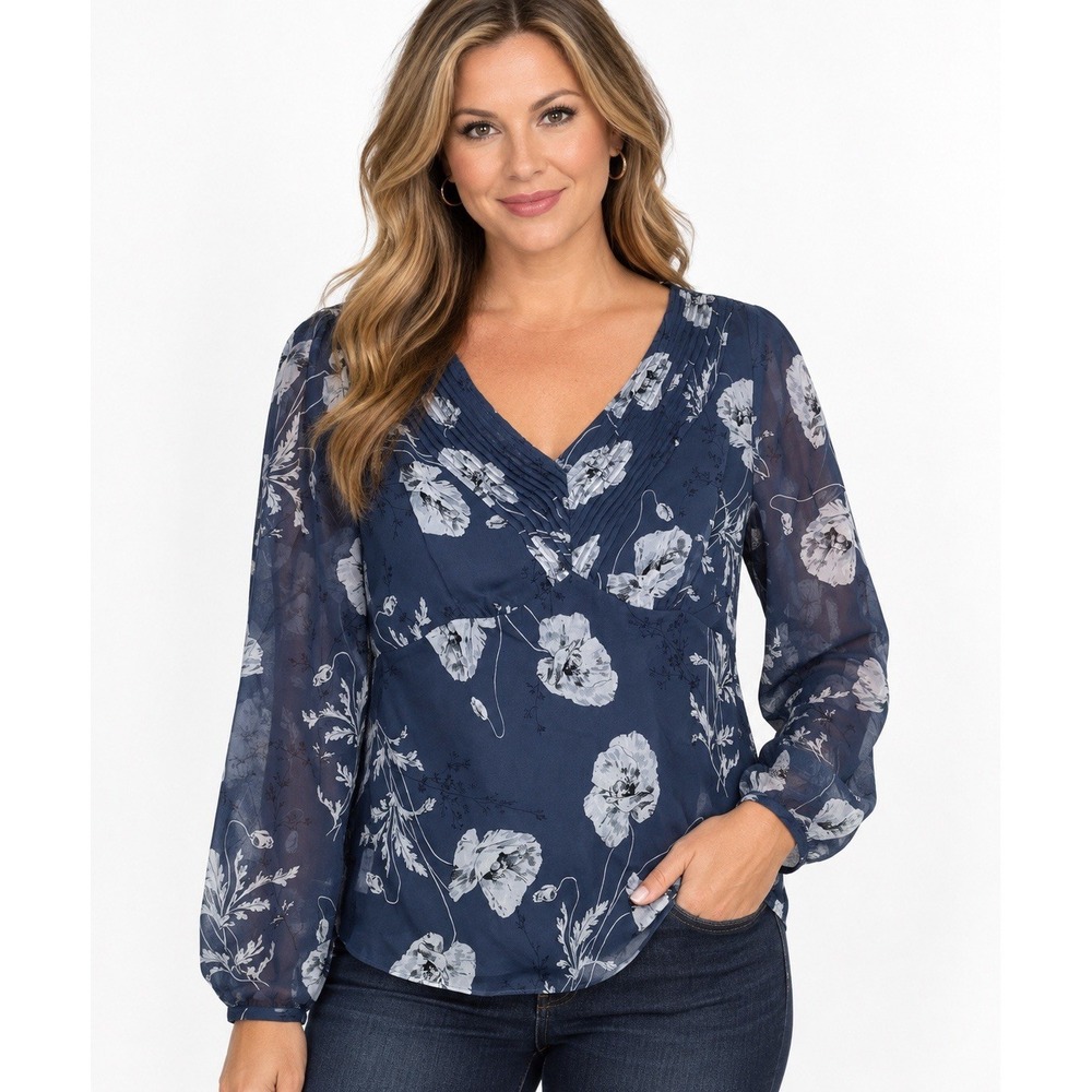 Ann Taylor Women's Size 12 100% Silk Floral Blouse Navy Blue Long Sleeve V Neck